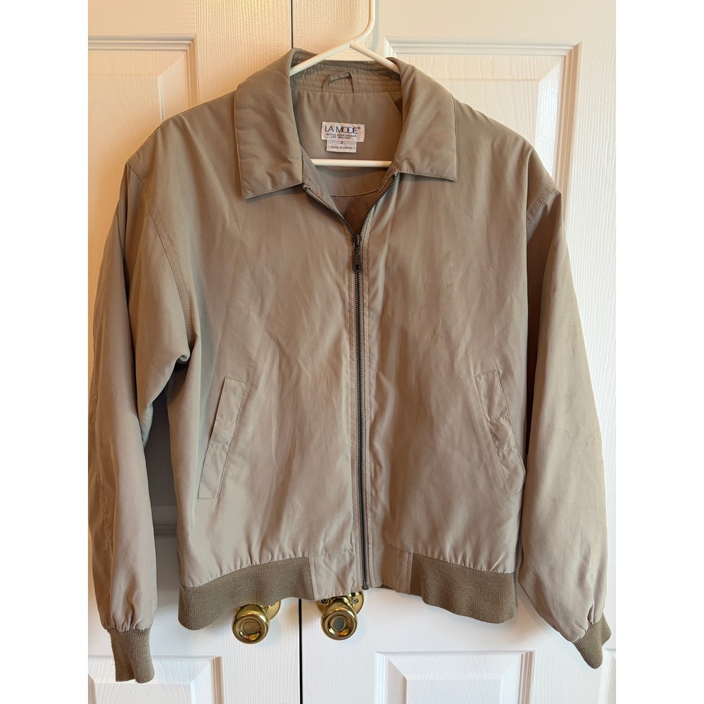 Vintage La Mode Active Sportswear Tan Microfiber Bomber Jacket Mens Small Beige